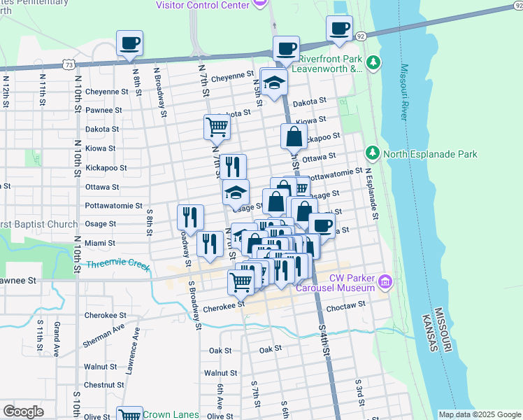 map of restaurants, bars, coffee shops, grocery stores, and more near 521 Osage Street in Leavenworth