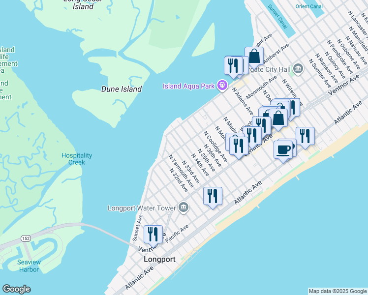 map of restaurants, bars, coffee shops, grocery stores, and more near 119 North 34th Avenue in Longport
