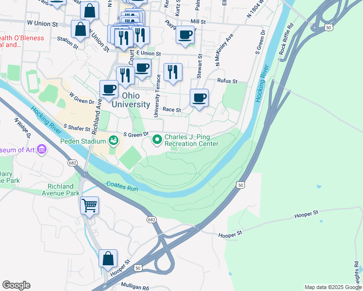 map of restaurants, bars, coffee shops, grocery stores, and more near 106 South Green Drive in Athens