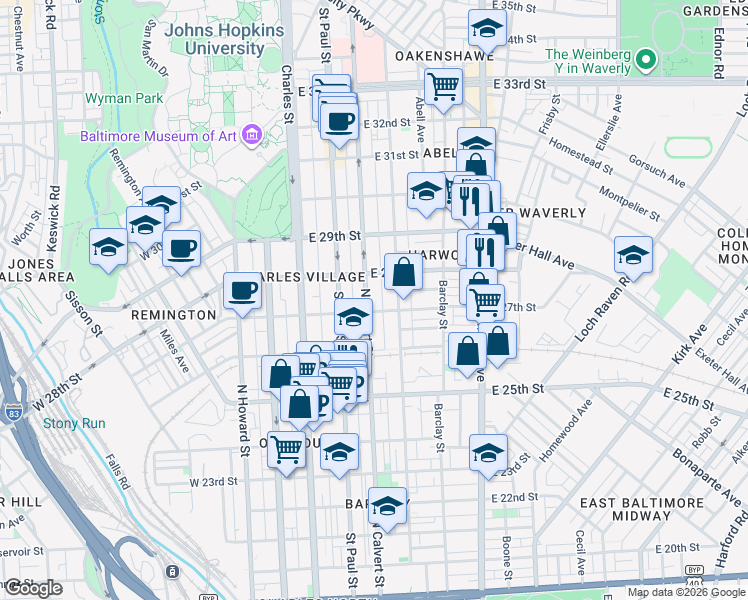 map of restaurants, bars, coffee shops, grocery stores, and more near 2713 North Calvert Street in Baltimore