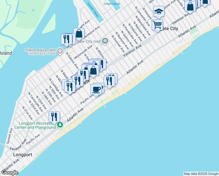 map of restaurants, bars, coffee shops, grocery stores, and more near 106 South Benson Avenue in Margate City