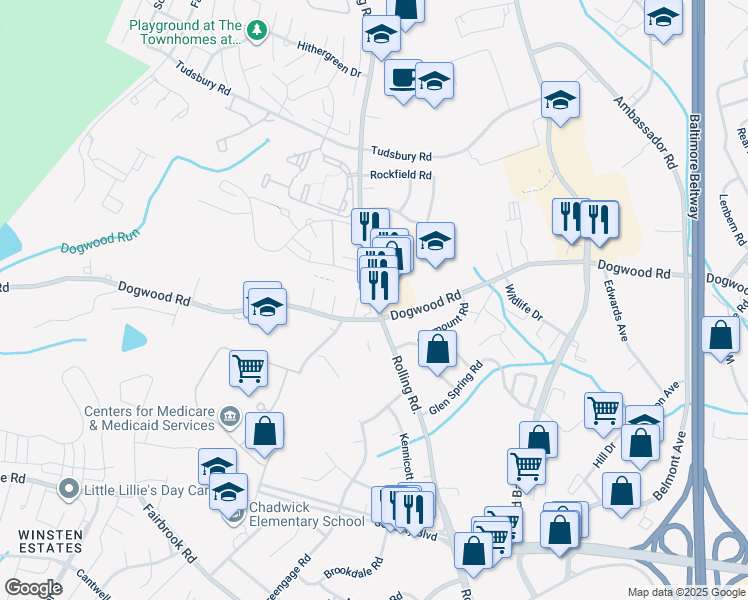 map of restaurants, bars, coffee shops, grocery stores, and more near 2339 North Rolling Road in Baltimore County