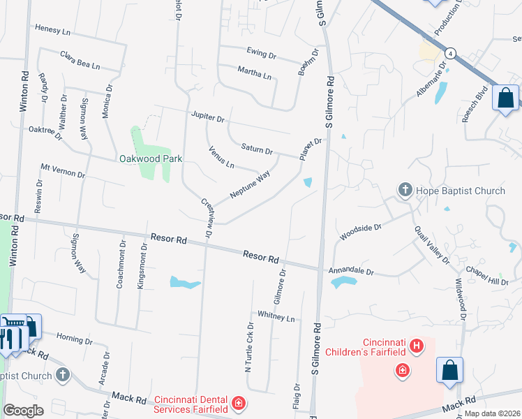 map of restaurants, bars, coffee shops, grocery stores, and more near 5702 Planet Drive in Fairfield