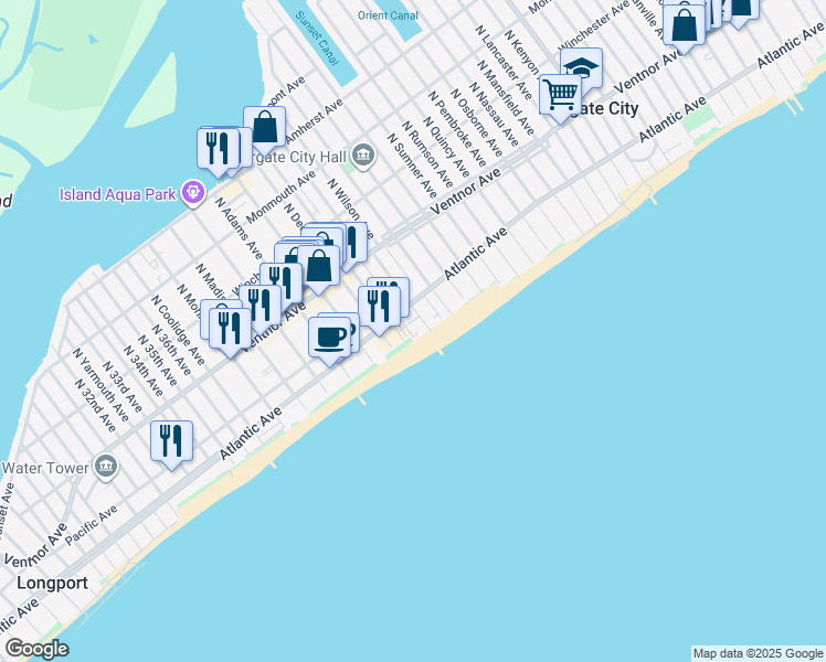 map of restaurants, bars, coffee shops, grocery stores, and more near 106 South Benson Avenue in Margate City