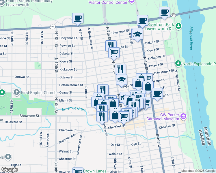 map of restaurants, bars, coffee shops, grocery stores, and more near 714 Osage Street in Leavenworth