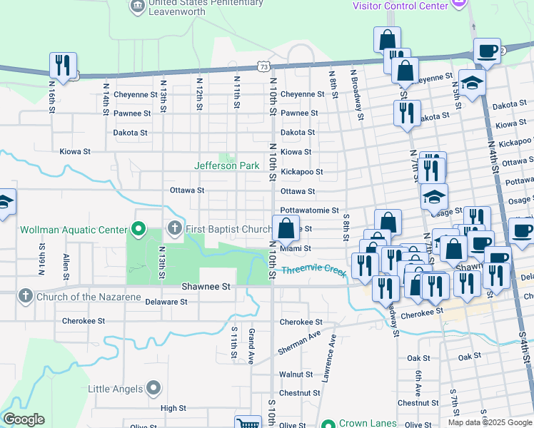 map of restaurants, bars, coffee shops, grocery stores, and more near 1011 Pottawatomie Street in Leavenworth