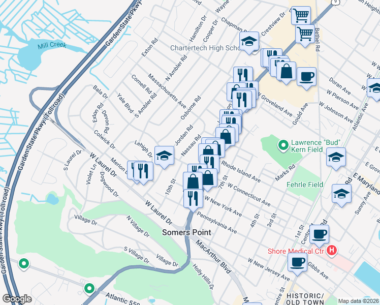 map of restaurants, bars, coffee shops, grocery stores, and more near 3 Nassau Road in Somers Point