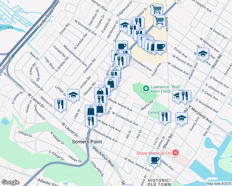 map of restaurants, bars, coffee shops, grocery stores, and more near 508 7th Street in Somers Point