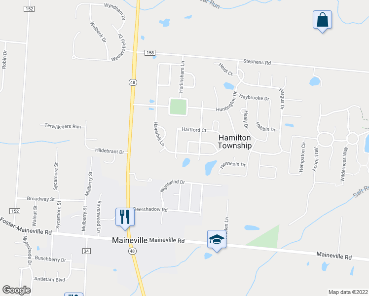 map of restaurants, bars, coffee shops, grocery stores, and more near 216 Heftner Circle in Maineville