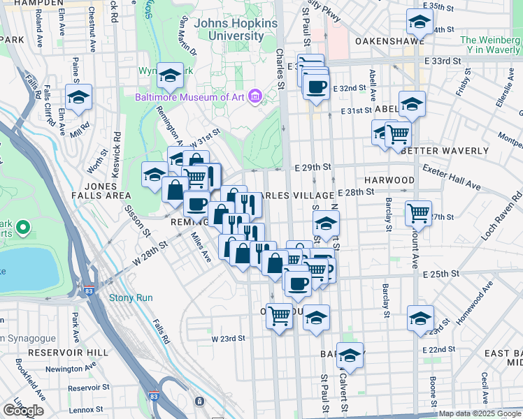 map of restaurants, bars, coffee shops, grocery stores, and more near 2728 Maryland Avenue in Baltimore