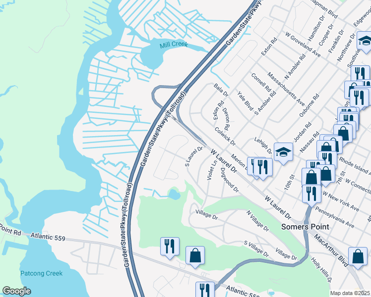 map of restaurants, bars, coffee shops, grocery stores, and more near 4 Gulph Mill Road in Somers Point