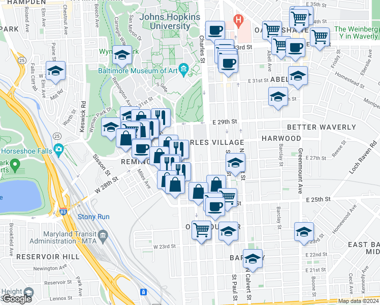 map of restaurants, bars, coffee shops, grocery stores, and more near 2728 Maryland Avenue in Baltimore