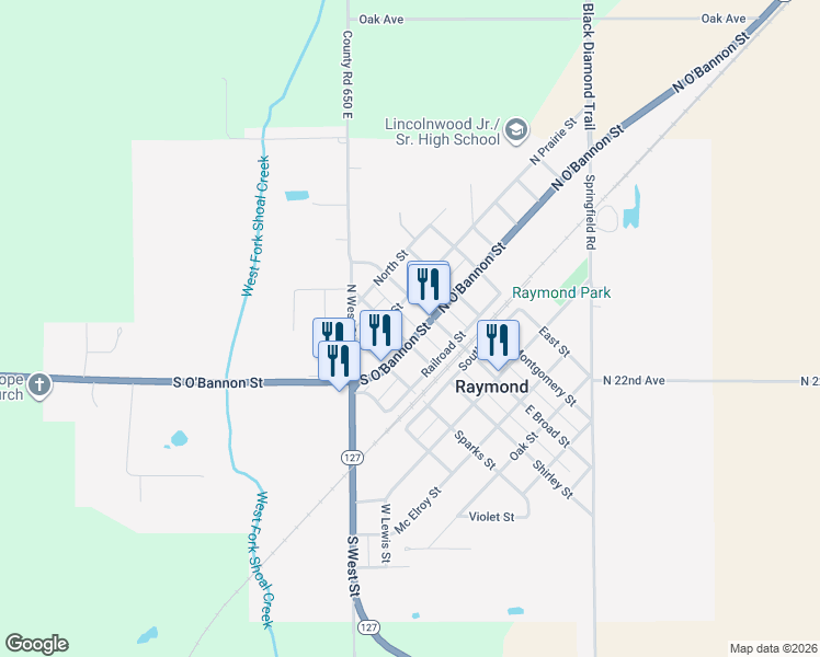 map of restaurants, bars, coffee shops, grocery stores, and more near 112 South O'Bannon Street in Raymond