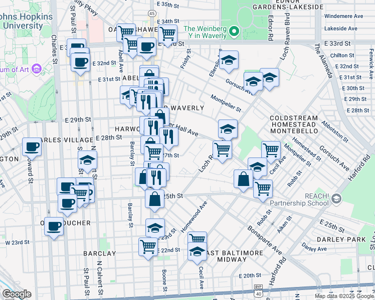 map of restaurants, bars, coffee shops, grocery stores, and more near 2737 Reese Street in Baltimore