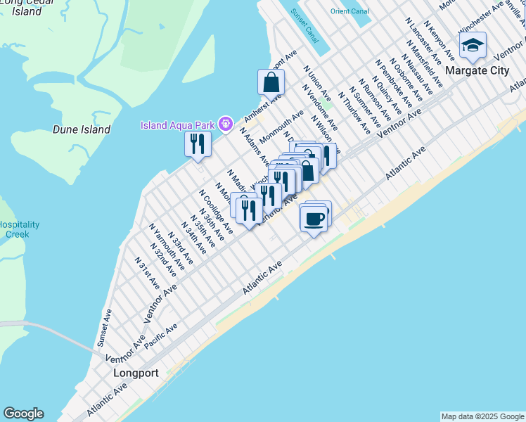 map of restaurants, bars, coffee shops, grocery stores, and more near 25 North Madison Avenue in Margate City