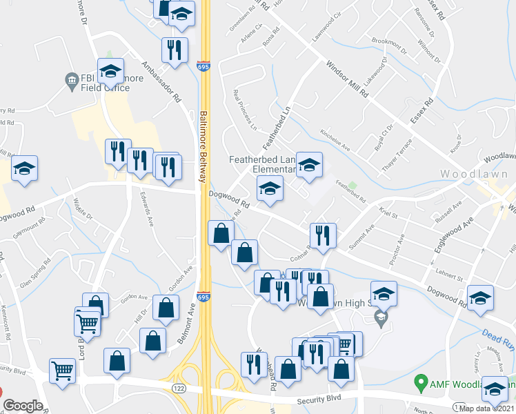 map of restaurants, bars, coffee shops, grocery stores, and more near 6724 Dogwood Road in Lochearn