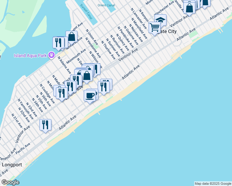 map of restaurants, bars, coffee shops, grocery stores, and more near 9100 Beach Avenue in Margate City