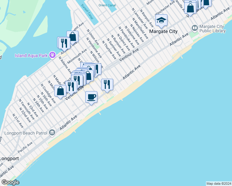 map of restaurants, bars, coffee shops, grocery stores, and more near 9100 Beach in Margate
