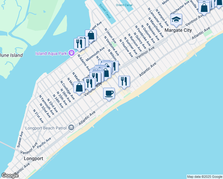 map of restaurants, bars, coffee shops, grocery stores, and more near 9219 South Washington Avenue in Margate City