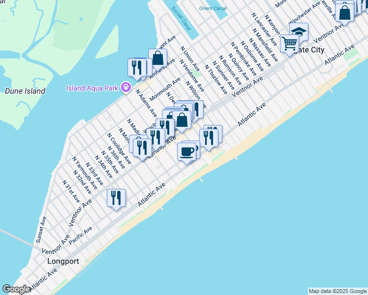 map of restaurants, bars, coffee shops, grocery stores, and more near 22 South Adams Avenue in Margate City
