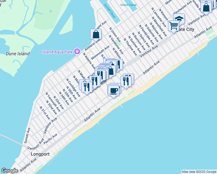map of restaurants, bars, coffee shops, grocery stores, and more near 22 South Adams Avenue in Margate City