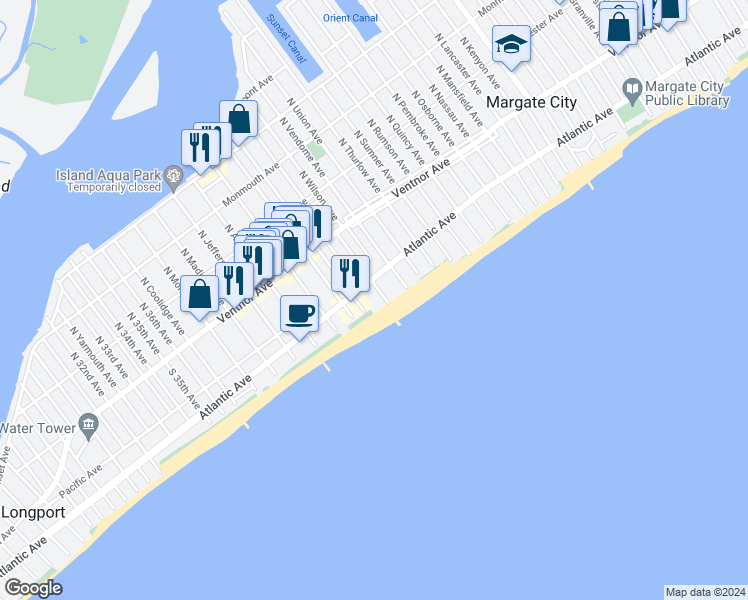 map of restaurants, bars, coffee shops, grocery stores, and more near 9100 Beach in Margate City