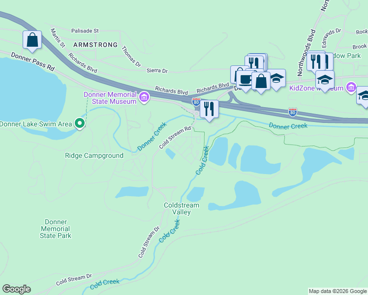 map of restaurants, bars, coffee shops, grocery stores, and more near 12315 Deerfield Drive in Truckee