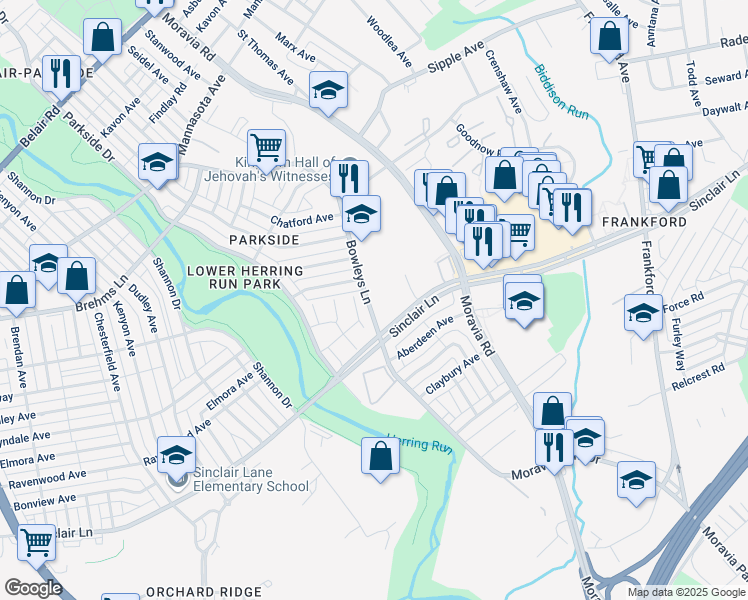 map of restaurants, bars, coffee shops, grocery stores, and more near 5212 Bowleys Lane in Baltimore
