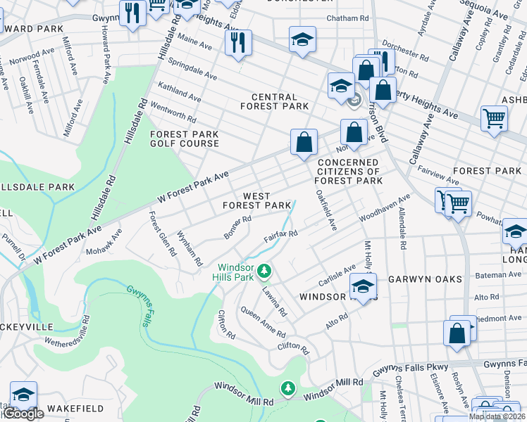 map of restaurants, bars, coffee shops, grocery stores, and more near 4240 Bonner Road in Baltimore