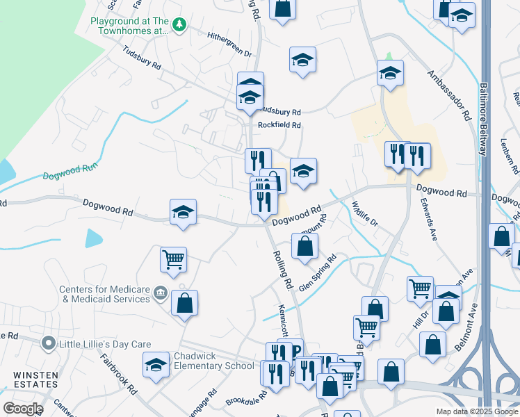 map of restaurants, bars, coffee shops, grocery stores, and more near 2339 North Rolling Road in Baltimore County