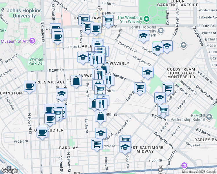 map of restaurants, bars, coffee shops, grocery stores, and more near 2708 Mathews Street in Baltimore