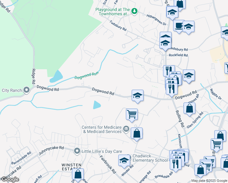 map of restaurants, bars, coffee shops, grocery stores, and more near 7300 Dogwood Road in Milford Mill