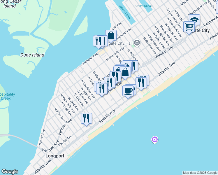 map of restaurants, bars, coffee shops, grocery stores, and more near 9605 Ventnor Avenue in Margate City