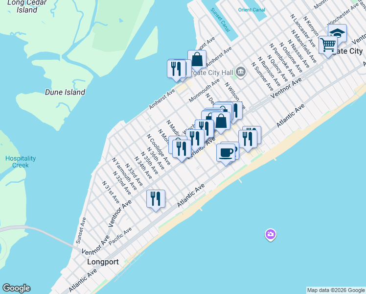 map of restaurants, bars, coffee shops, grocery stores, and more near 9605 Ventnor Avenue in Margate City