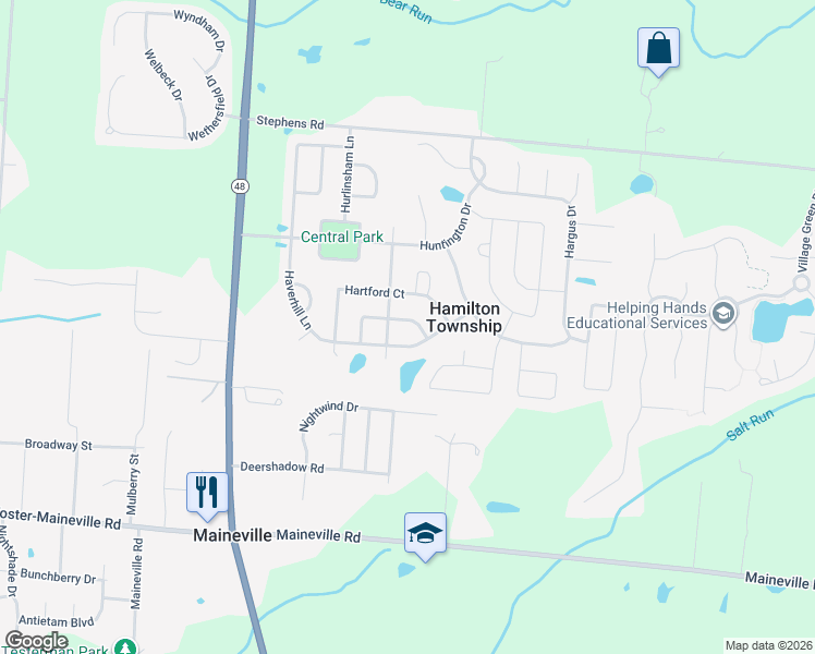 map of restaurants, bars, coffee shops, grocery stores, and more near 7734 Haverhill Lane in Maineville