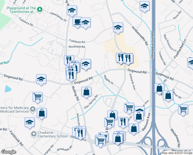 map of restaurants, bars, coffee shops, grocery stores, and more near 7003 Dogwood Road in Woodlawn