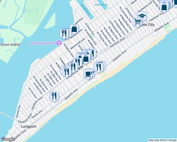 map of restaurants, bars, coffee shops, grocery stores, and more near 22 South Adams Avenue in Margate City