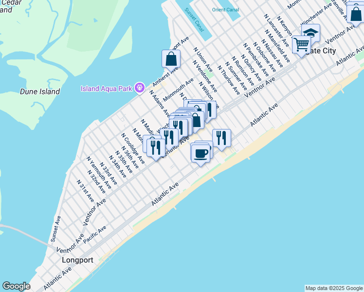 map of restaurants, bars, coffee shops, grocery stores, and more near 9504 Ventnor Avenue in Margate City