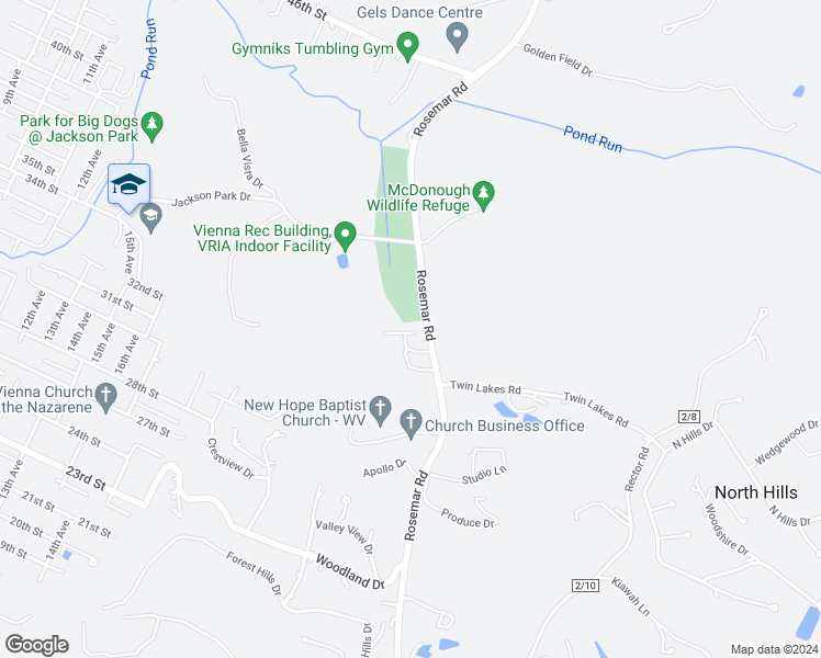 map of restaurants, bars, coffee shops, grocery stores, and more near 88 Rosemar Terrace in Parkersburg