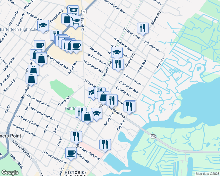 map of restaurants, bars, coffee shops, grocery stores, and more near 415 Shore Road in Somers Point
