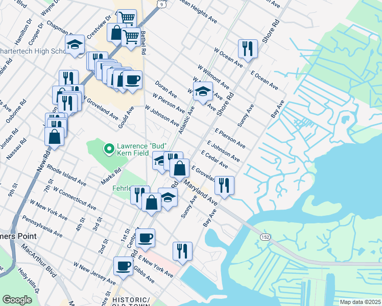 map of restaurants, bars, coffee shops, grocery stores, and more near 415 Shore Road in Somers Point