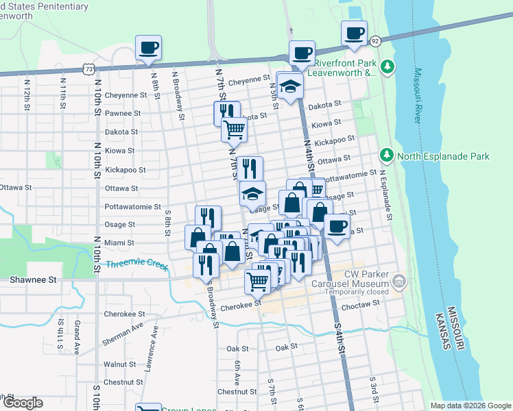 map of restaurants, bars, coffee shops, grocery stores, and more near 320 North 7th Street in Leavenworth
