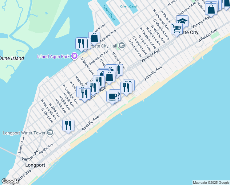 map of restaurants, bars, coffee shops, grocery stores, and more near 9219 South Washington Avenue in Margate City