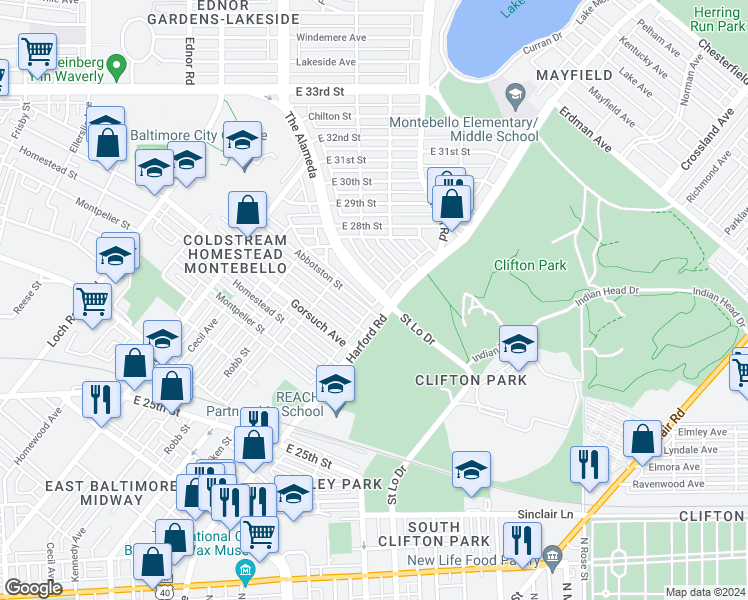 map of restaurants, bars, coffee shops, grocery stores, and more near 2702 The Alameda in Baltimore
