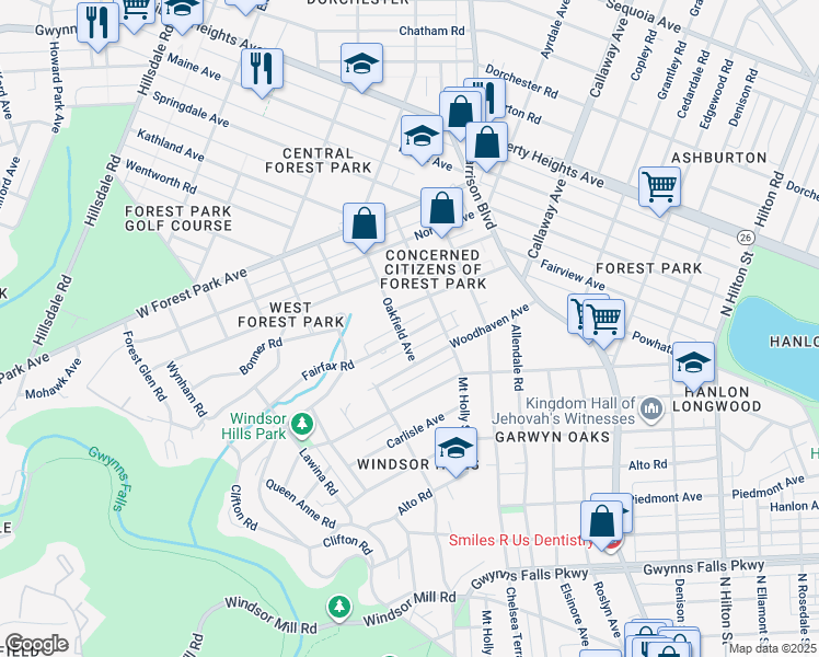 map of restaurants, bars, coffee shops, grocery stores, and more near 4030 Fairfax Road in Baltimore