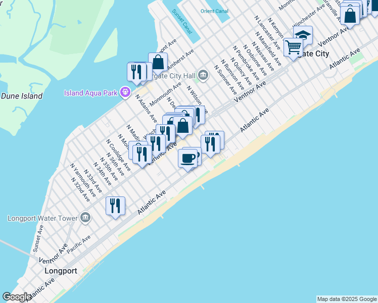 map of restaurants, bars, coffee shops, grocery stores, and more near 22 South Adams Avenue in Margate City
