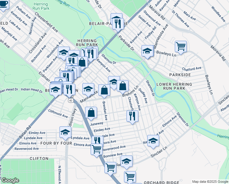 map of restaurants, bars, coffee shops, grocery stores, and more near 3536 Brehms Lane in Baltimore