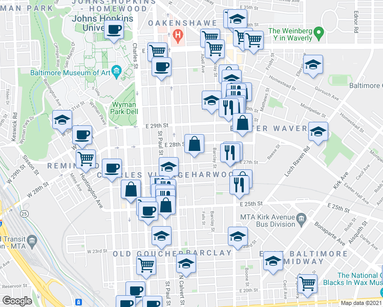 map of restaurants, bars, coffee shops, grocery stores, and more near Guilford Ave & Whitridge Ave in Baltimore