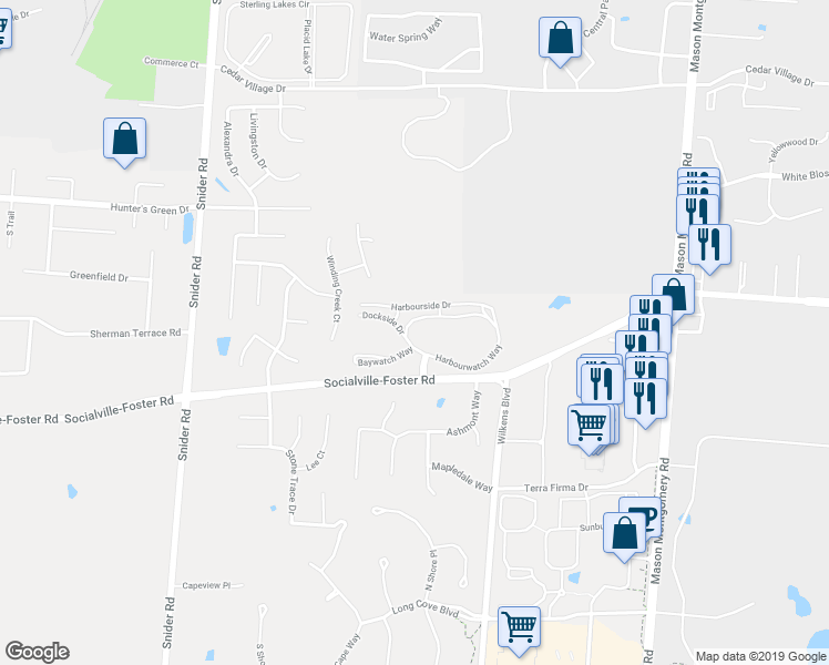 map of restaurants, bars, coffee shops, grocery stores, and more near 5628 Harbourwatch Way in Mason