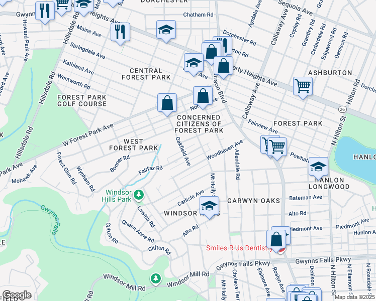 map of restaurants, bars, coffee shops, grocery stores, and more near 4030 Fairfax Road in Baltimore